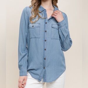 NWT Love Tree 100% Tencel Scooped Hem Button Front Chambray Denim Shirt